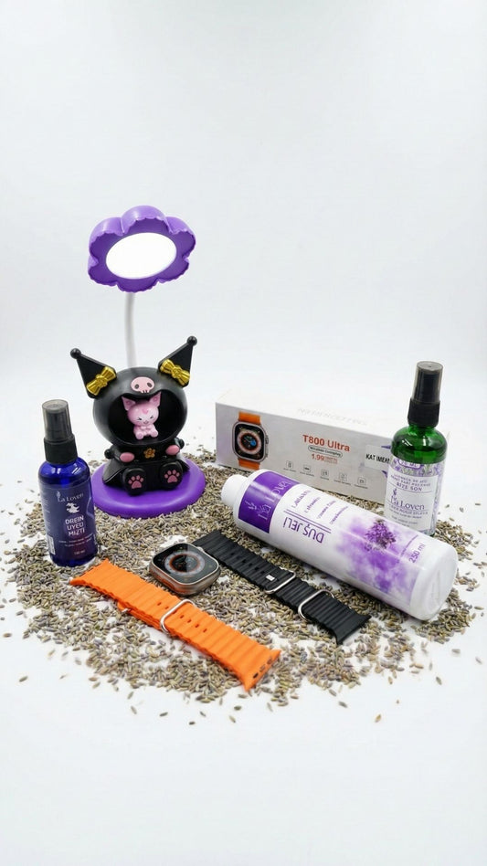 Relax & Fun Hediye Seti – Labubu Aydınlatma, Smart Watch, Duş Jeli, Bit Spreyi & DerIn Uyku Misti
