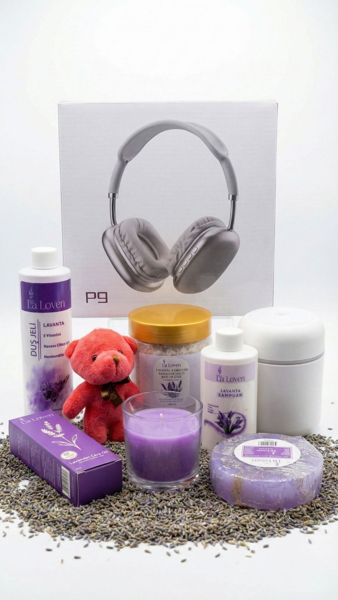 Lavanta Relax Hediye Seti – Bluetooth Kulaklık, Duş Jeli, Lavanta Bakım Yağı, Banyo Tuzu, Şampuan, Difüzör, Peluş Ayıcık, Kavanoz Mum, Lavanta Sabun