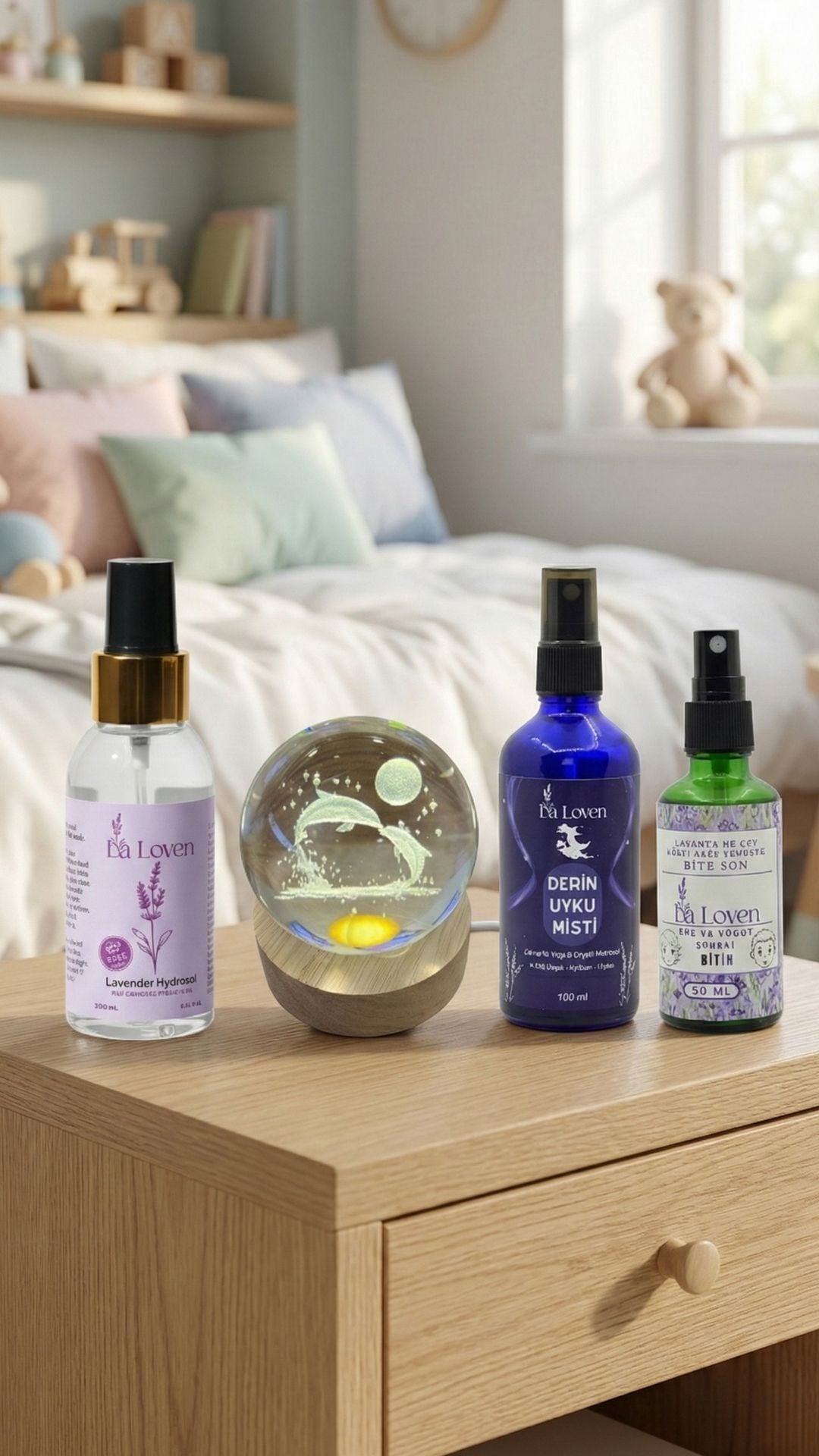 Çocuk Bakım & Uyku Seti – Lavanta Hidrosolü + Uyku Misti + Bit Spreyi + Yunus Aydınlatmalı Küre