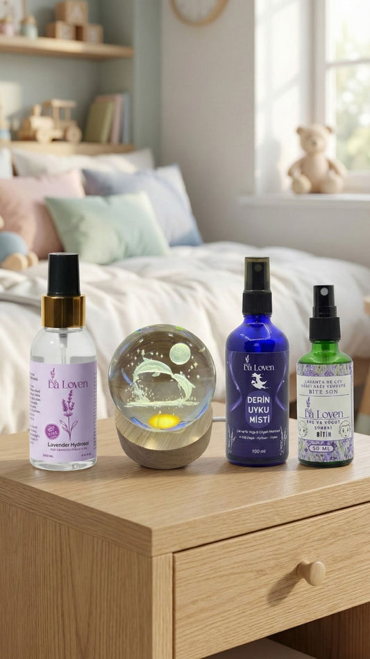 Çocuk Bakım & Uyku Seti – Lavanta Hidrosolü + Uyku Misti + Bit Spreyi + Yunus Aydınlatmalı Küre