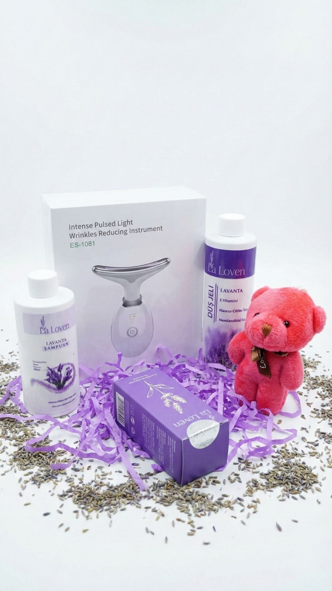 Lavanta Bakım ve Rahatlama Seti – Yüz Masaj Aleti, Lavanta Şampuan, Duş Jeli, Peluş Oyuncak & Lavanta Bakım Yağı