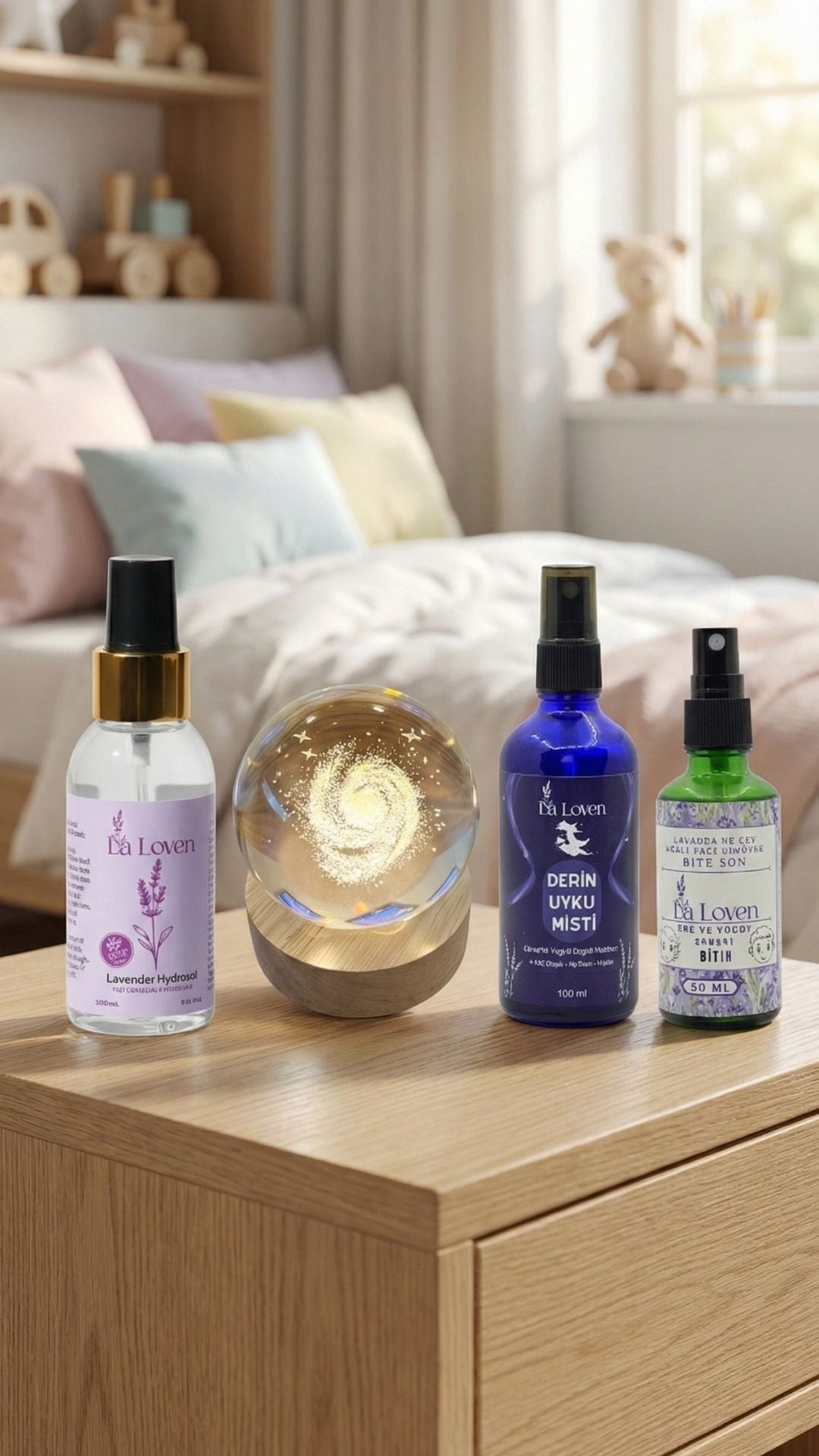 Doğal Çocuk Bakım Seti – Lavanta Hidrosolü + Uyku Misti + Bit Spreyi + Aydınlatmalı Samanyolu Küre Gece Lambası