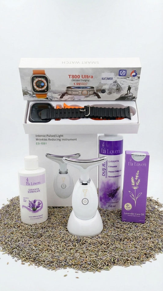 Lavanta Bakım ve Teknoloji Seti – Apple Watch Smart Saat, Lavanta Şampuan, Lavanta Bakım Yağı, Duş Jeli & Yüz Masaj Aleti