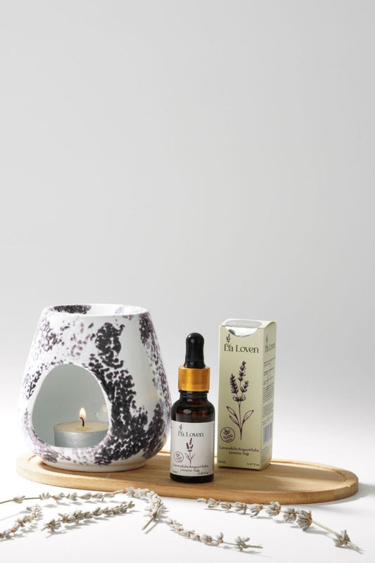 Meditasyon İkilisi | Lavanta Yağı 20 ml ve Desenli Siyah Buhurdanlık %100 Doğal