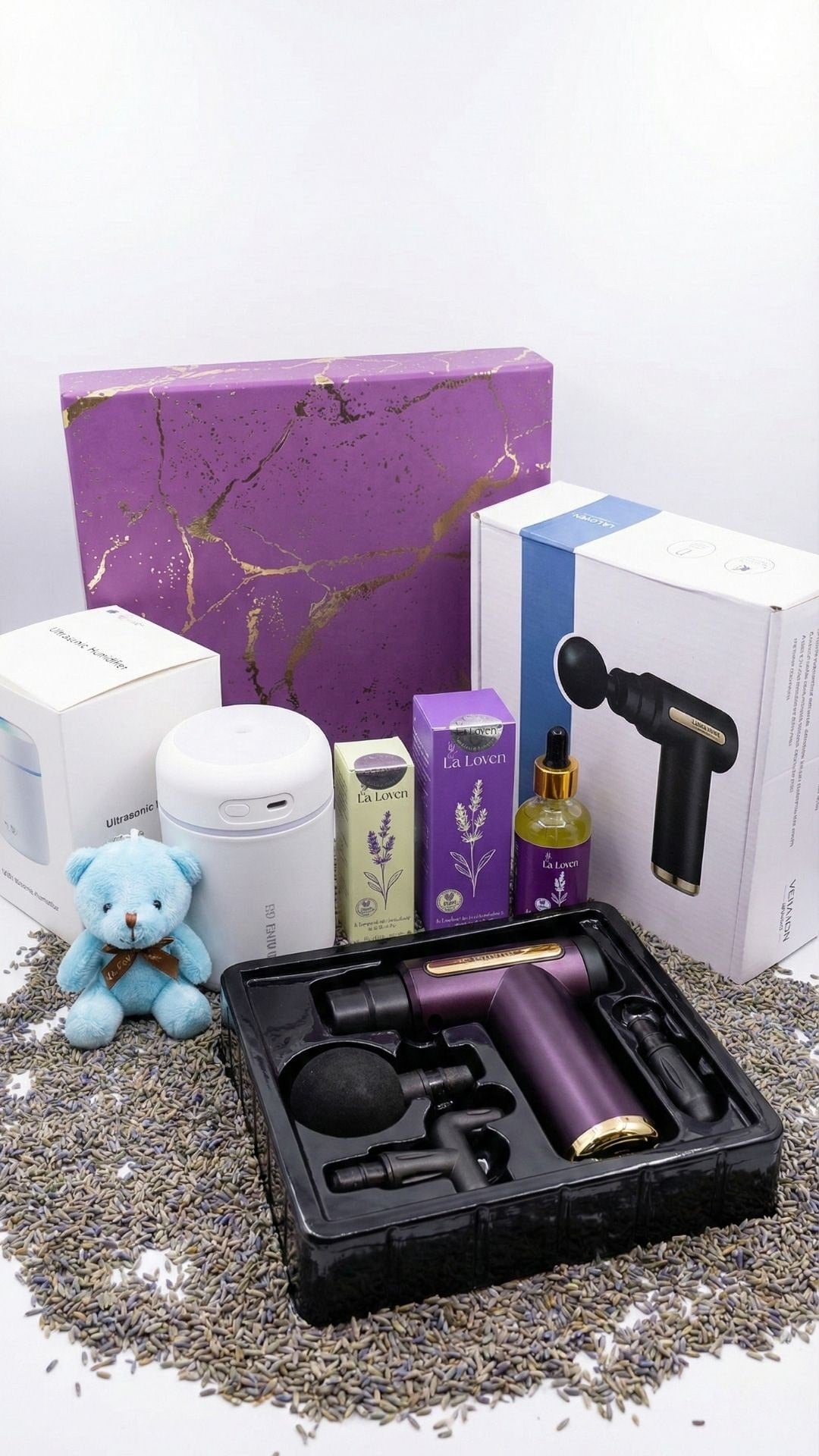 Evde Spa ve Huzur Seti (Masaj Aleti, Difüzör ve Peluş Hediye)