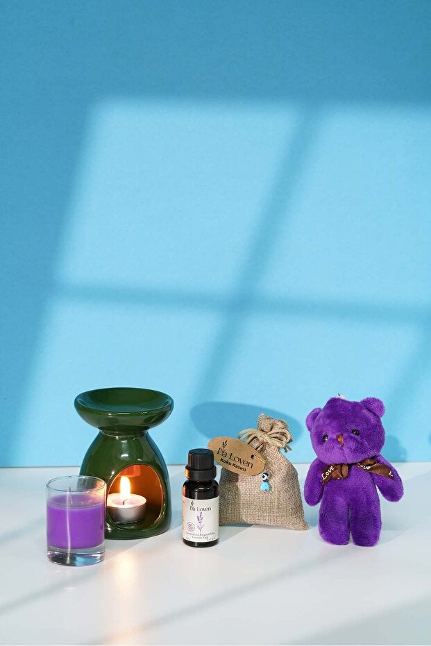 Lavanta Aromaterapi Seti – Buhurdanlık, %100 Doğal Saf Lavanta Yağı 20 ml, Kese, Mum