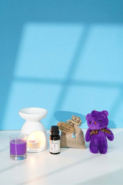 Lavanta Aromaterapi Seti – Buhurdanlık, %100 Doğal Saf Lavanta Yağı 20 ml, Kese, Mum