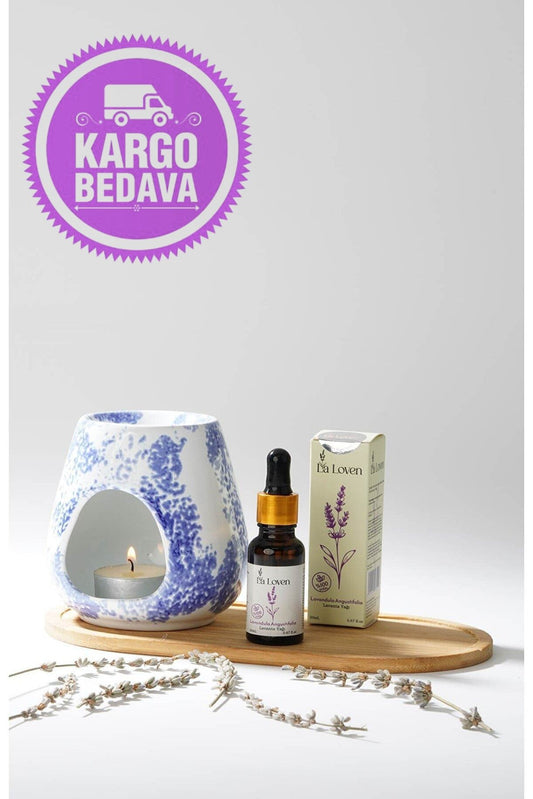 Meditasyon İkilisi | Lavanta Yağı 20 ml ve Mavi Desenli Buhurdanlık | %100 Doğal