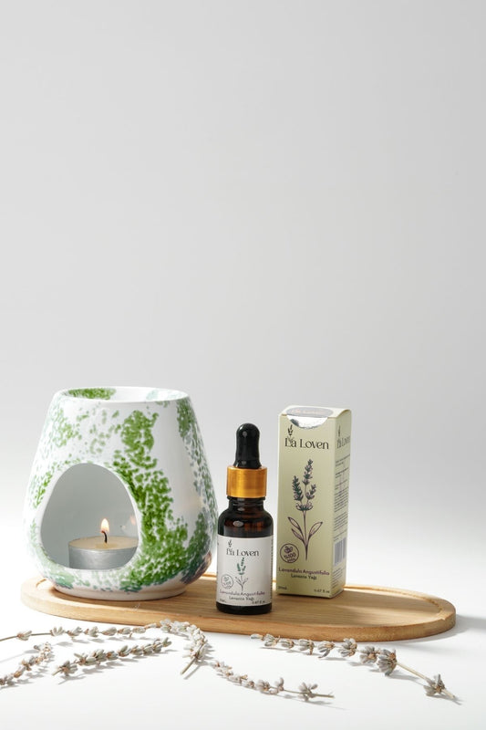 Meditasyon İkilisi | Lavanta Yağı 20 ml ve Desenli Yeşil Buhurdanlık %100 Doğal