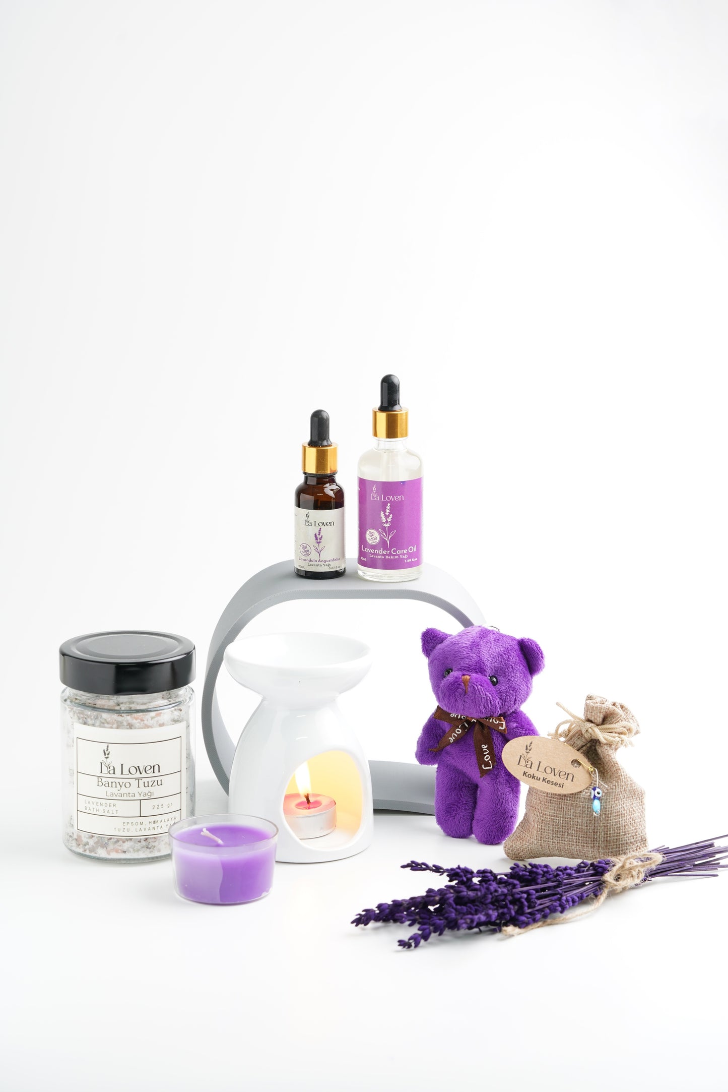 Zengin Aromaterapi Seti - Lavanta Yağı, Lavanta Bakım Yağı, Seramik Buhurdanlık, Banyo Tuzu